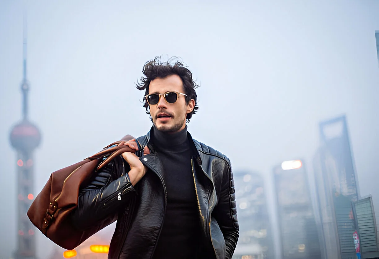 men wearing a lather jacket & travel bag in his hand